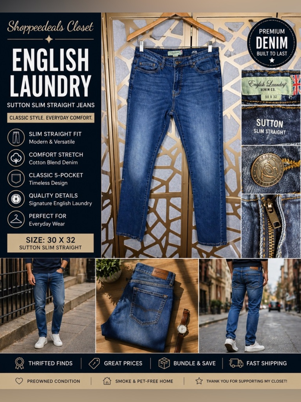 English Laundry Sutton Slim Straight Jeans 30x32 Stretch Denim